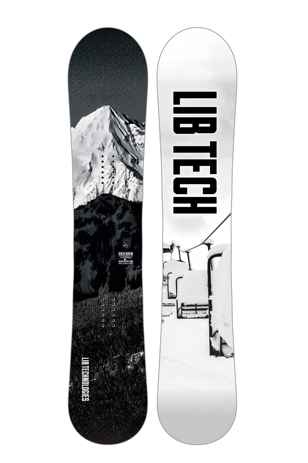 men's Lib Tech Cold Brew Snowboard,  mountain image on top, charlift image on base  - black and white