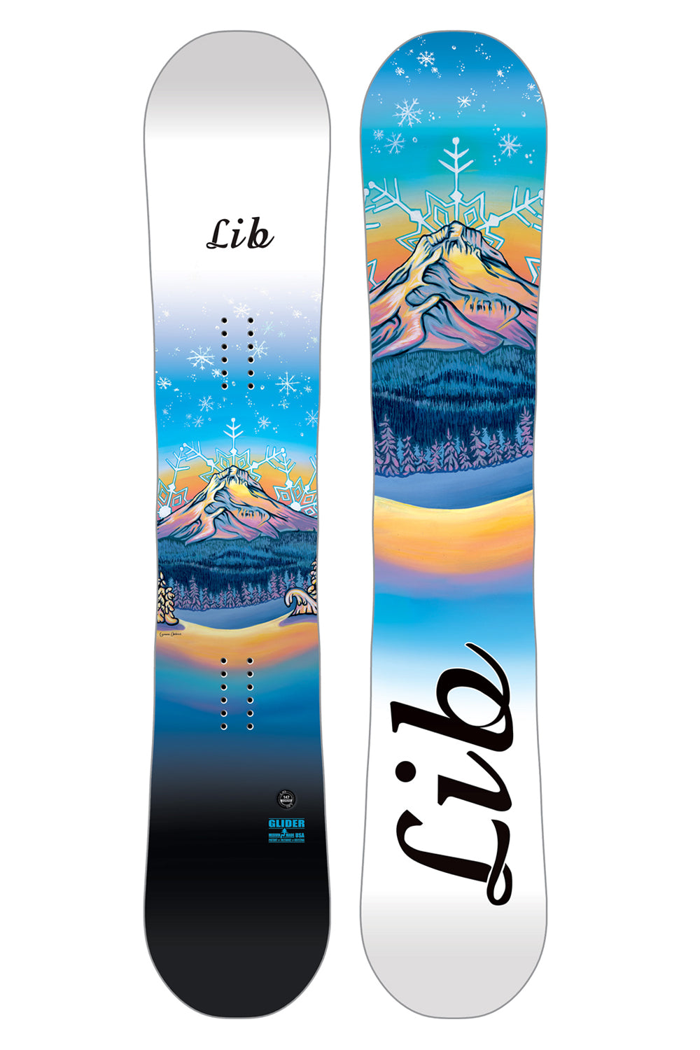 women's Lib Tech Glider snowboard, pastel mountain graphic