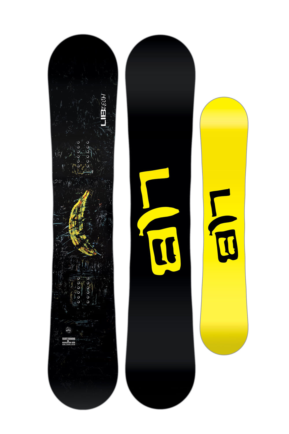 men's Lib Tech Skate Banana Snowboard - black with yellow banana graphic