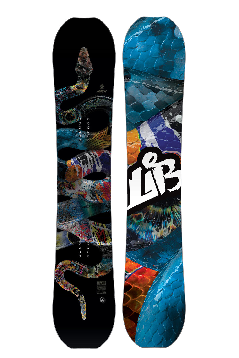 men's Lib Tech T Rice Pro snowboard - black background with multicolor snake graphic