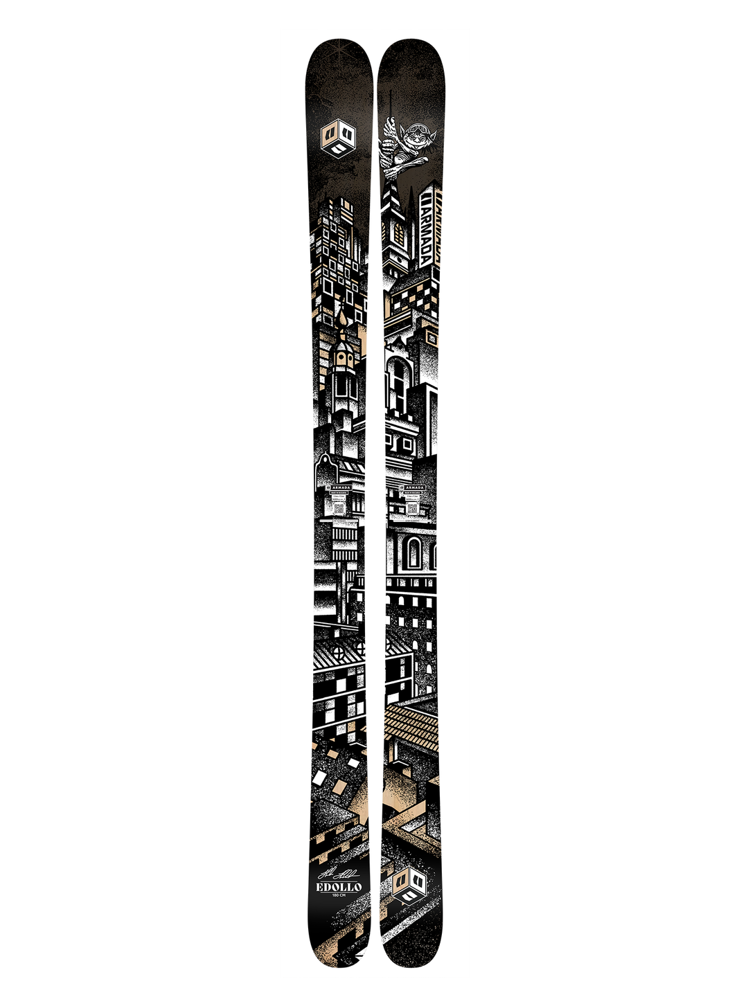 men's Armada Edollo skis, black cityscape scene