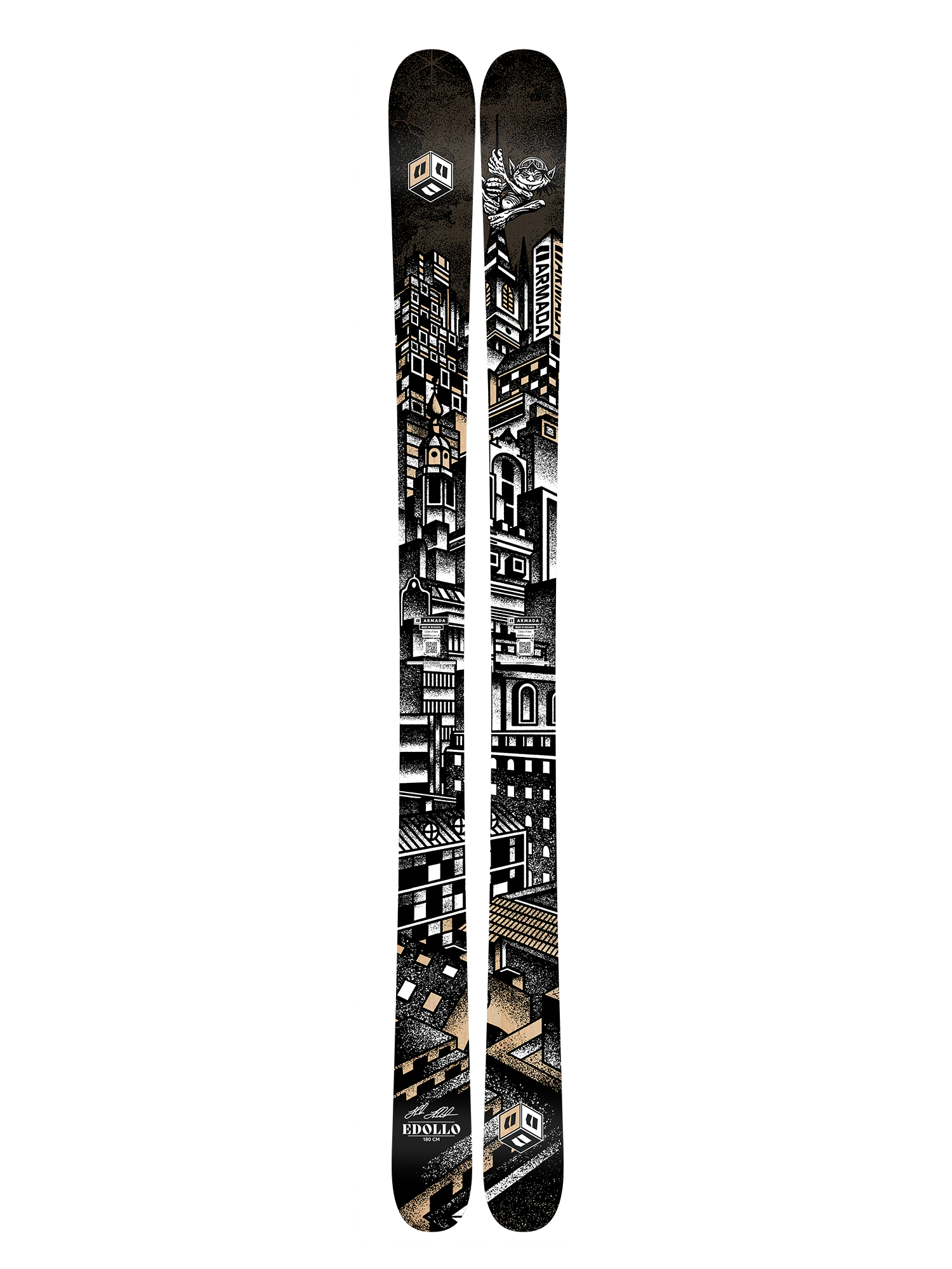 men's Armada Edollo skis, black cityscape scene