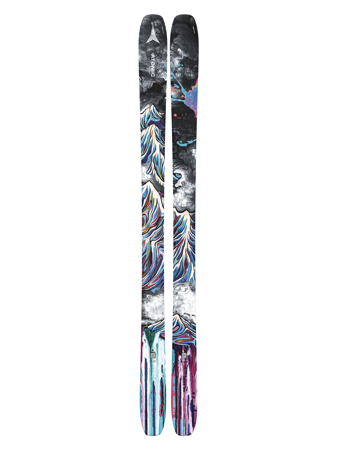 Atomic Bent 90 downhill skis, bright color wave print