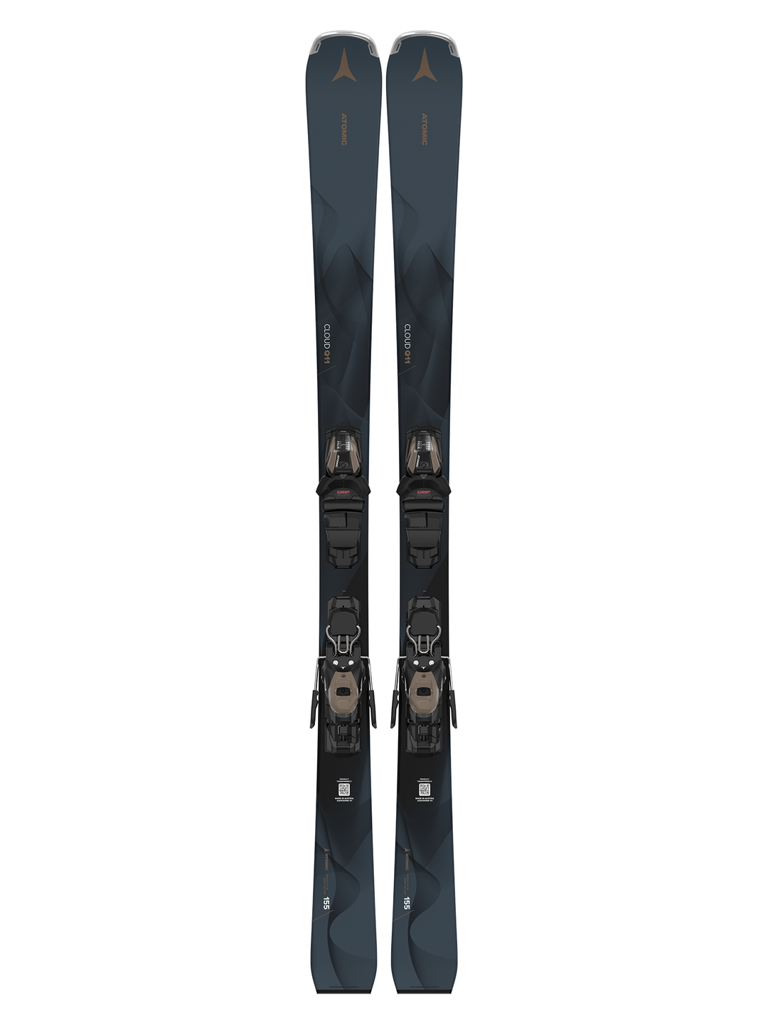 A pair of Atomic Cloud Q11 Skis with M10 GW Binding designed for women. The skis are black with binding attachments, suitable for winter piste conditions.
