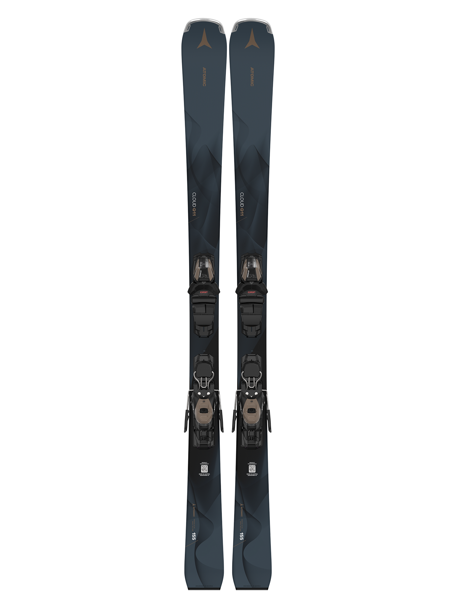 A pair of Atomic Cloud Q11 Skis with M10 GW Binding designed for women. The skis are black with binding attachments, suitable for winter piste conditions.