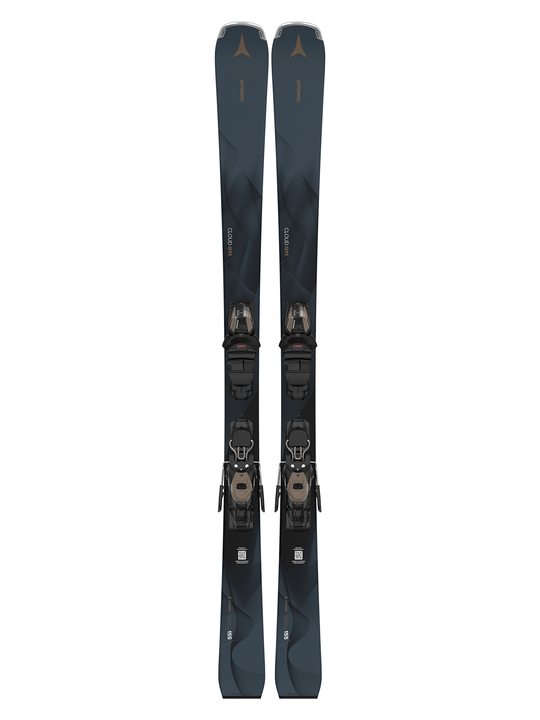 A pair of Atomic Cloud Q11 Skis with M10 GW Binding designed for women. The skis are black with binding attachments, suitable for winter piste conditions.
