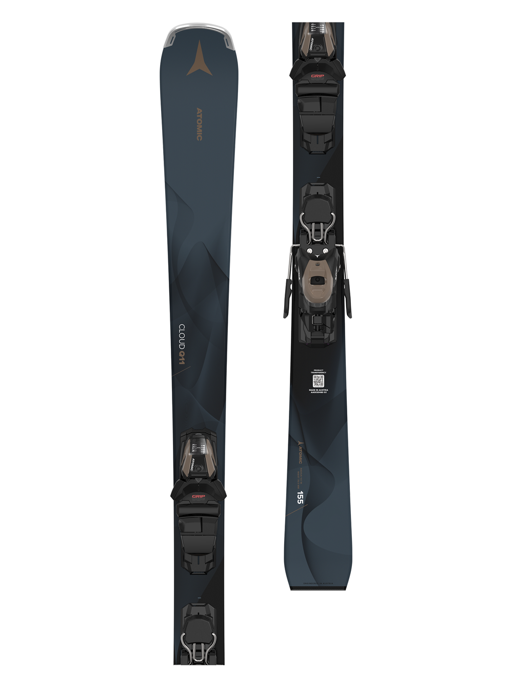 A pair of Atomic Cloud Q11 Skis with M10 GW Binding designed for women. The skis are black with binding attachments, suitable for winter piste conditions.