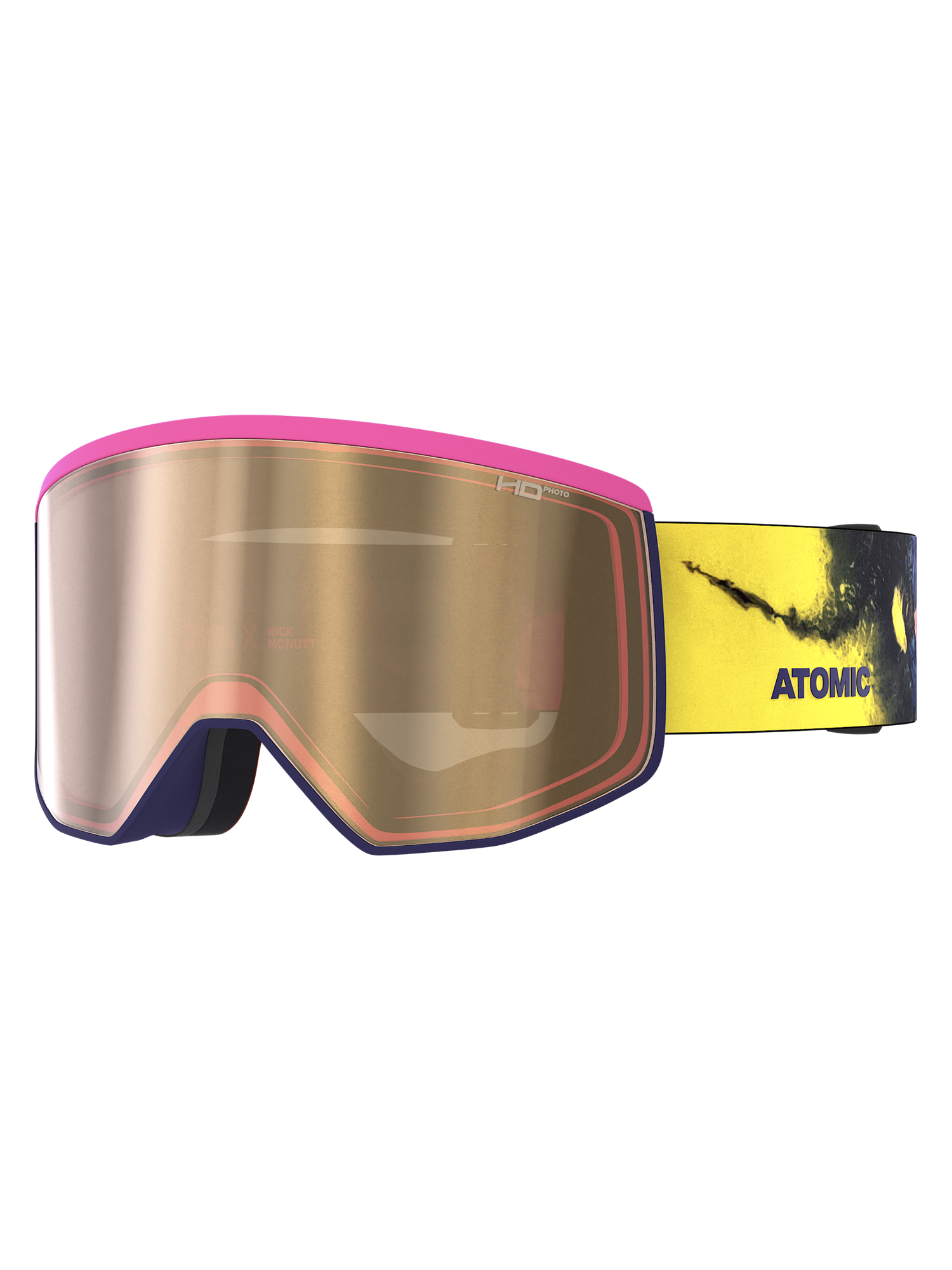 Atomic Four Pro ski googles, bright neon colors on frame and strap