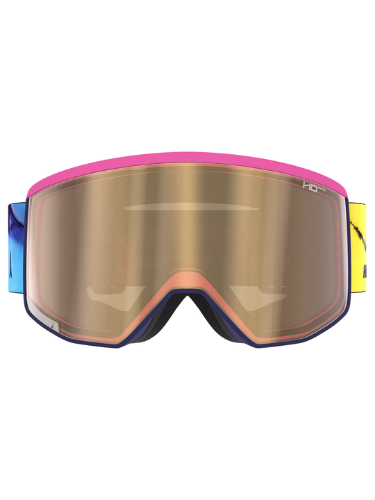 Atomic Four Pro ski googles, bright neon colors on frame and strap