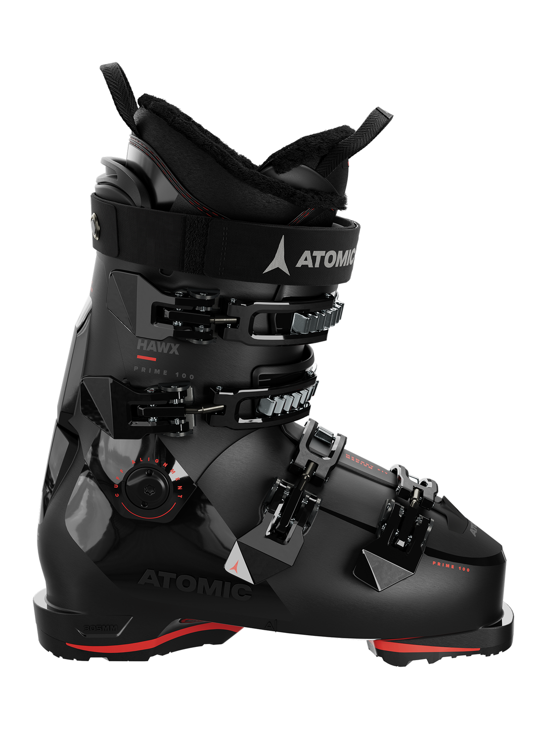 men's Atomic Hawx Prime 100 ski boots, black with red accents