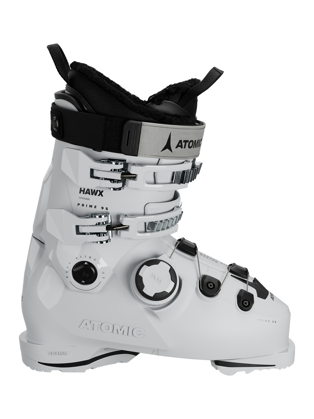 A white Atomic Hawx Prime 95 BOA ski boot with black details and multiple buckles.