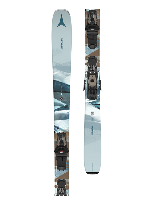 women's Atomic Maven skis,  white and blue mountain graphic with black and gold bindings