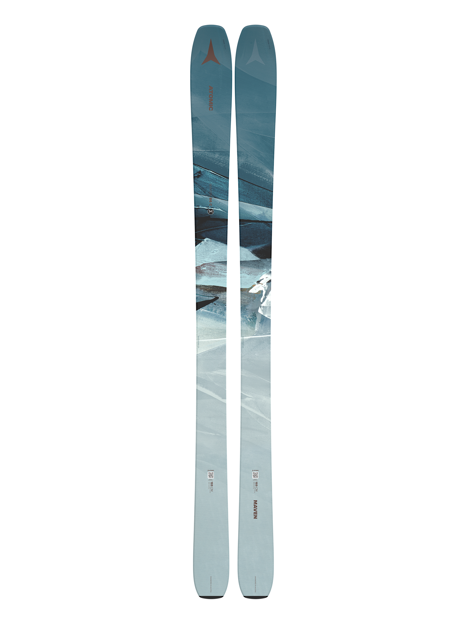 women's Atomic Maven 86C skis, blue abstract mountain scene