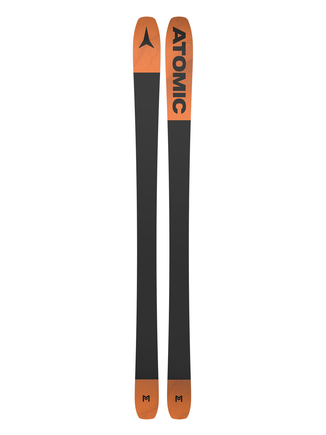 bottom of Atomic Maverick 88 skis, black and orange