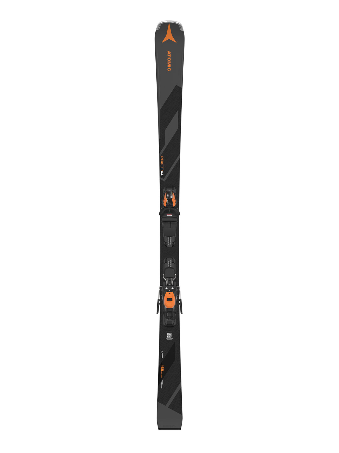 men's Atomic Redster Q4 skis, gray  & black with orange accents,  black and orange bindings