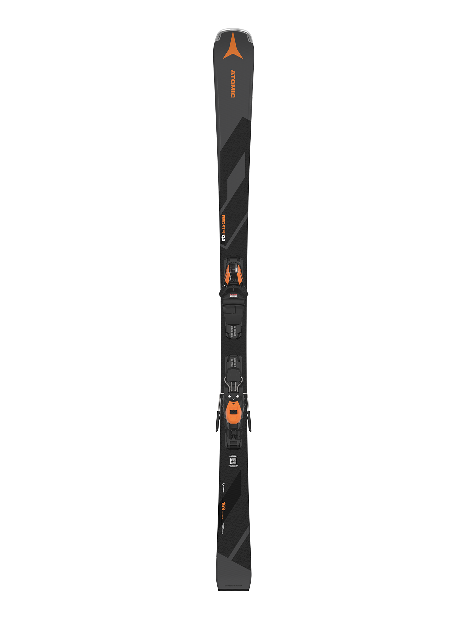 men's Atomic Redster Q4 skis, gray  & black with orange accents,  black and orange bindings