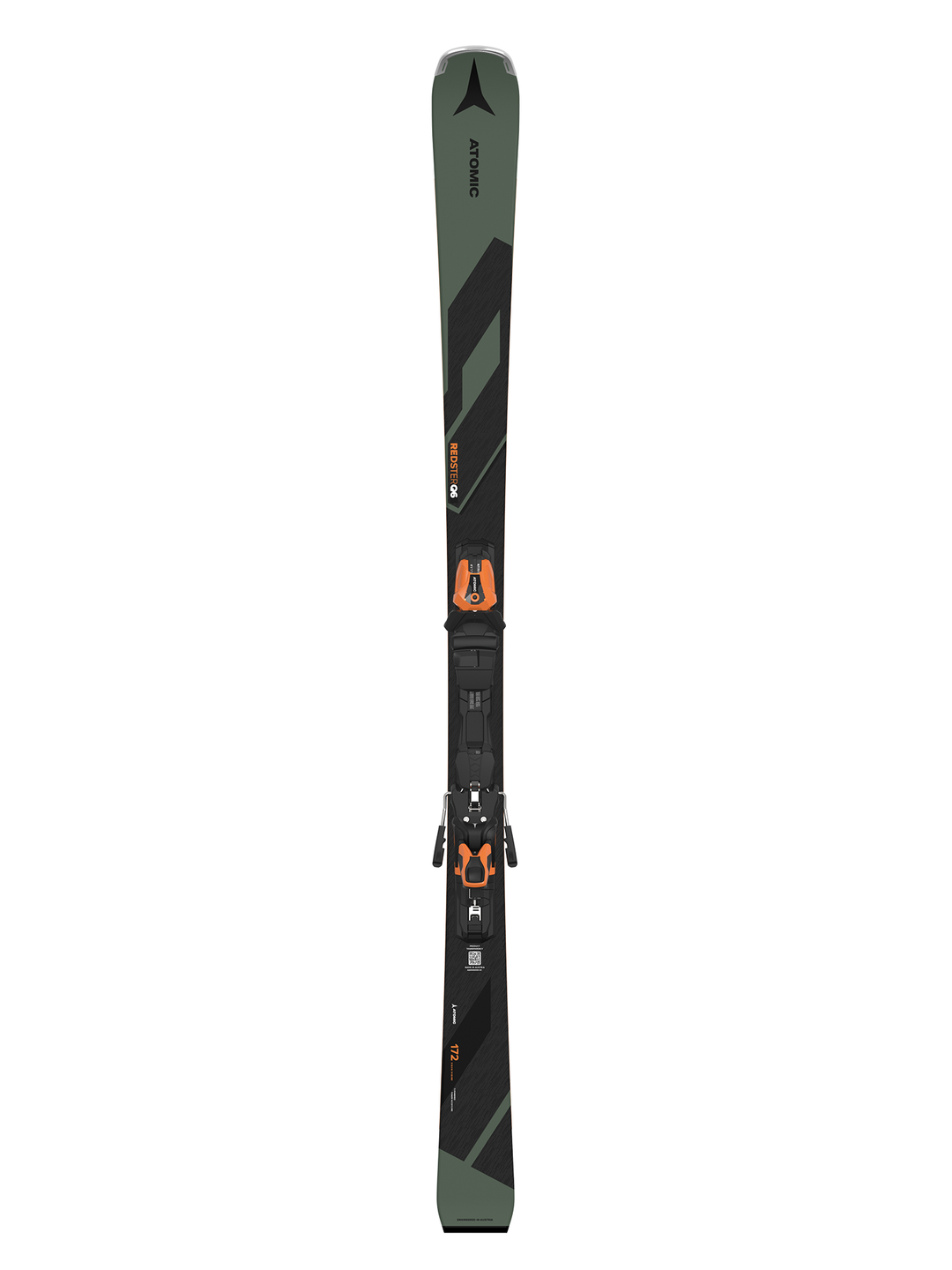 men's Atomic Red Q6 skis, green and black, with black and orange bindings
