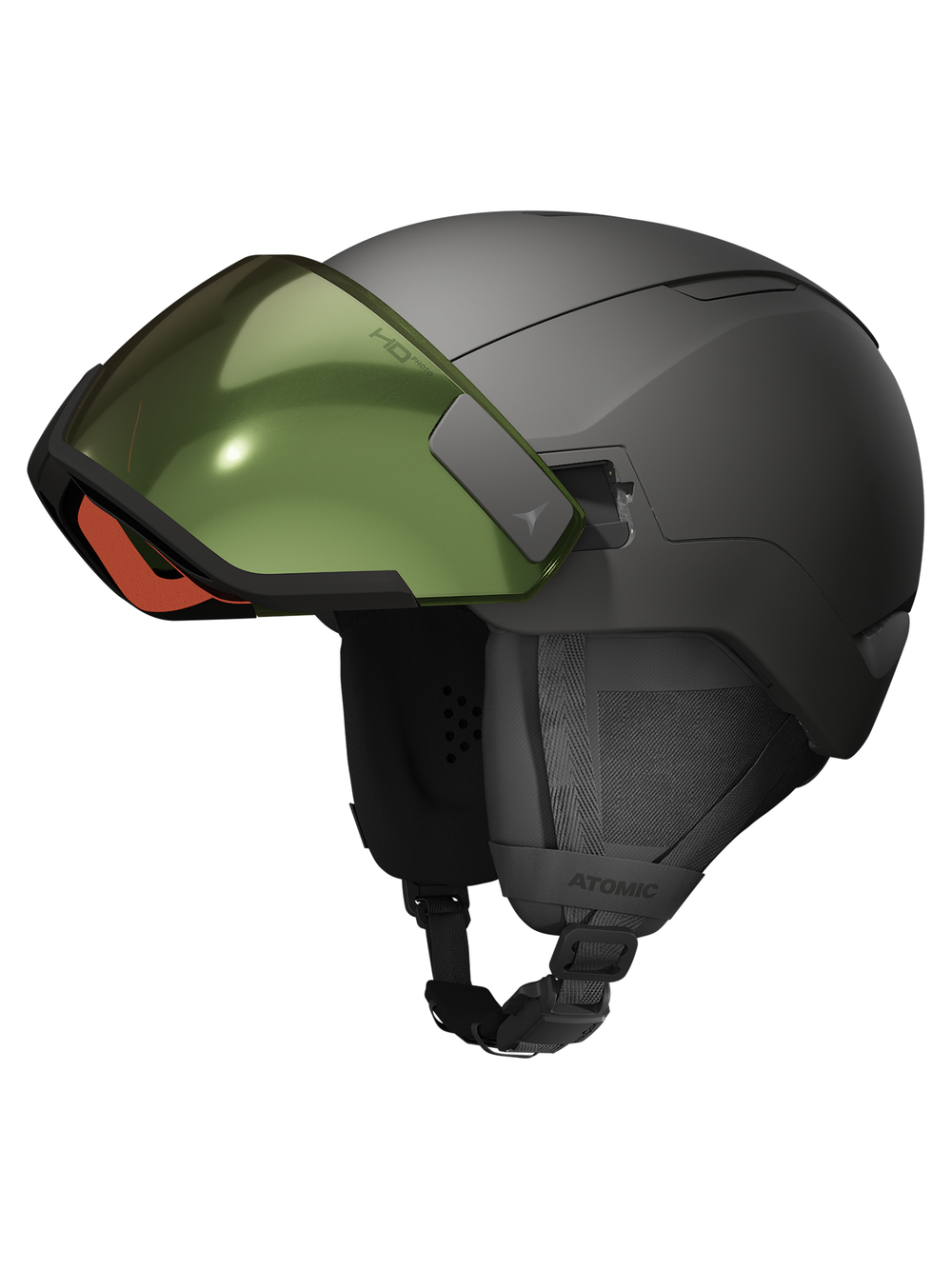 Atomic Revent GT AMID Visor HD Photo Helmet in black color with a green tinted visor.