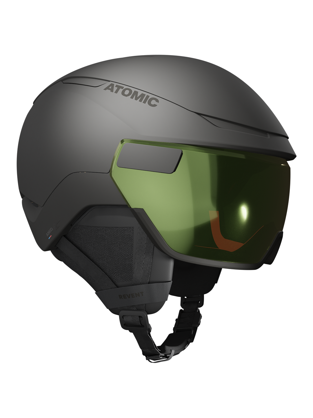 Atomic Revent GT AMID Visor HD Photo Helmet in black color with a green tinted visor.