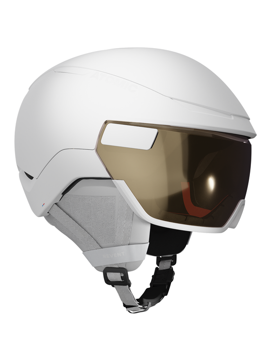 white Atomic ski helmet with attached goggles
