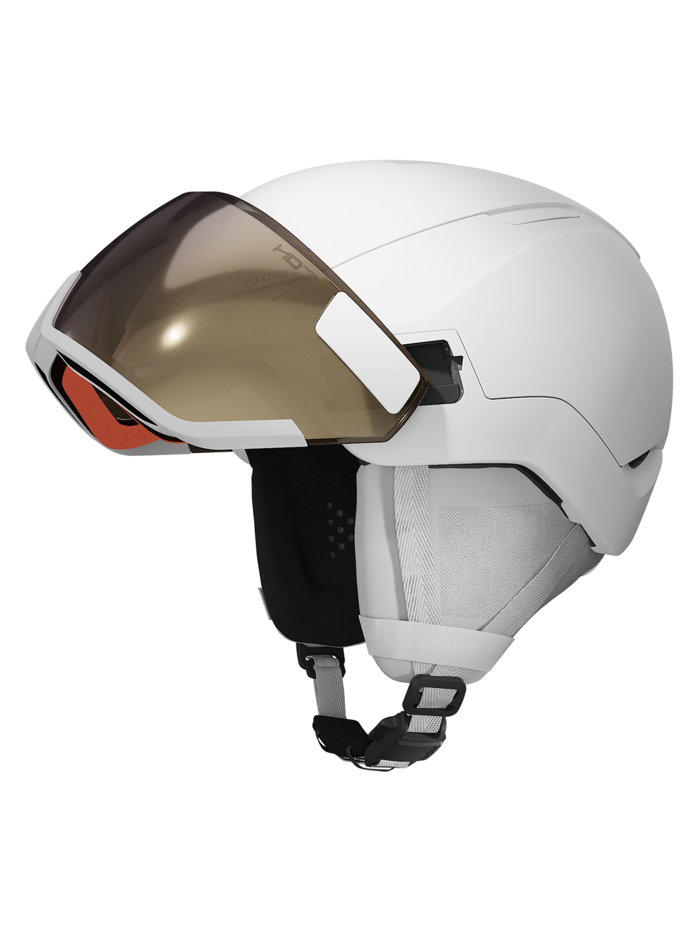 white Atomic ski helmet with attached goggles