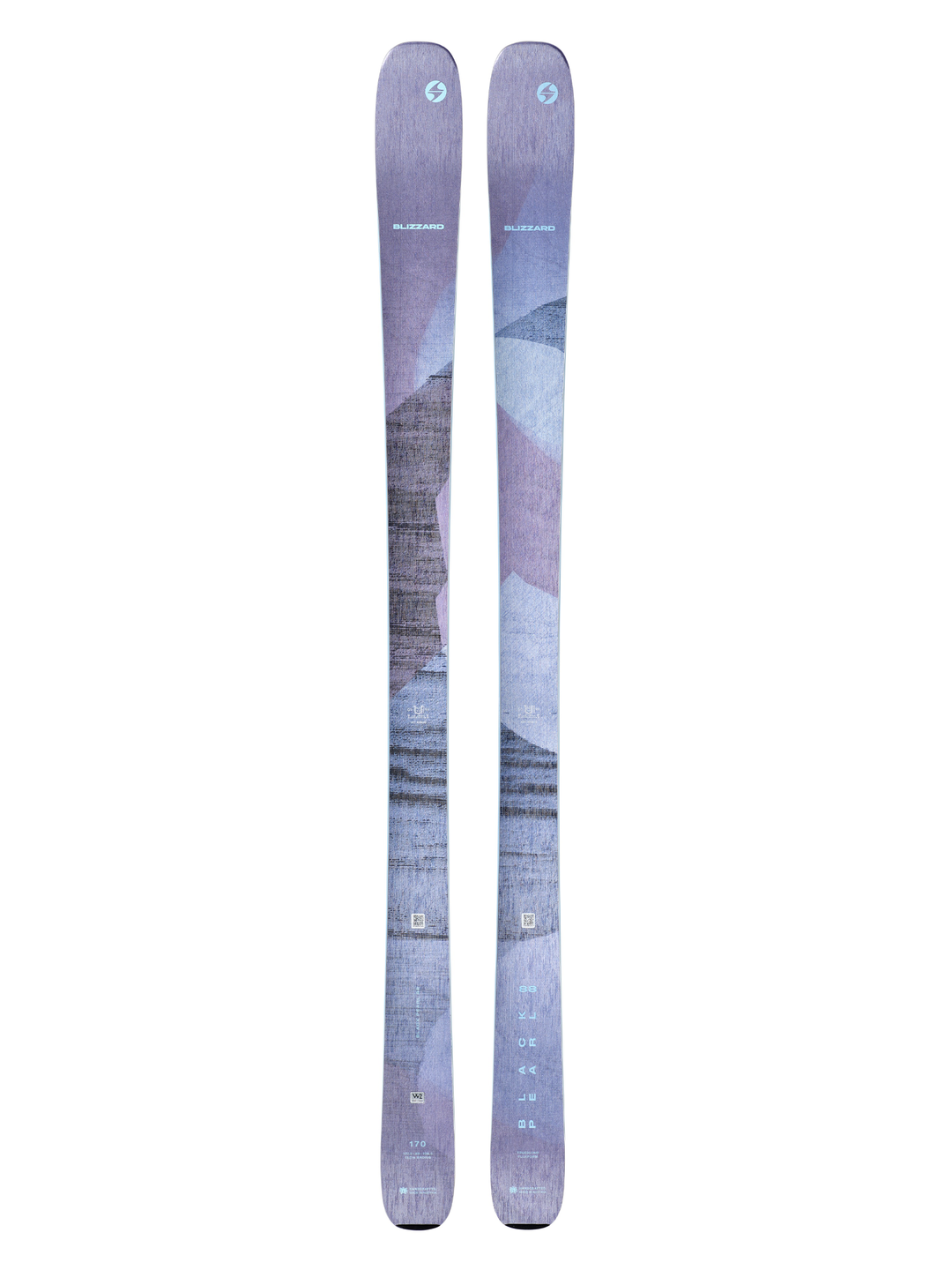 Pair of skis with a blue and gray design on a white background