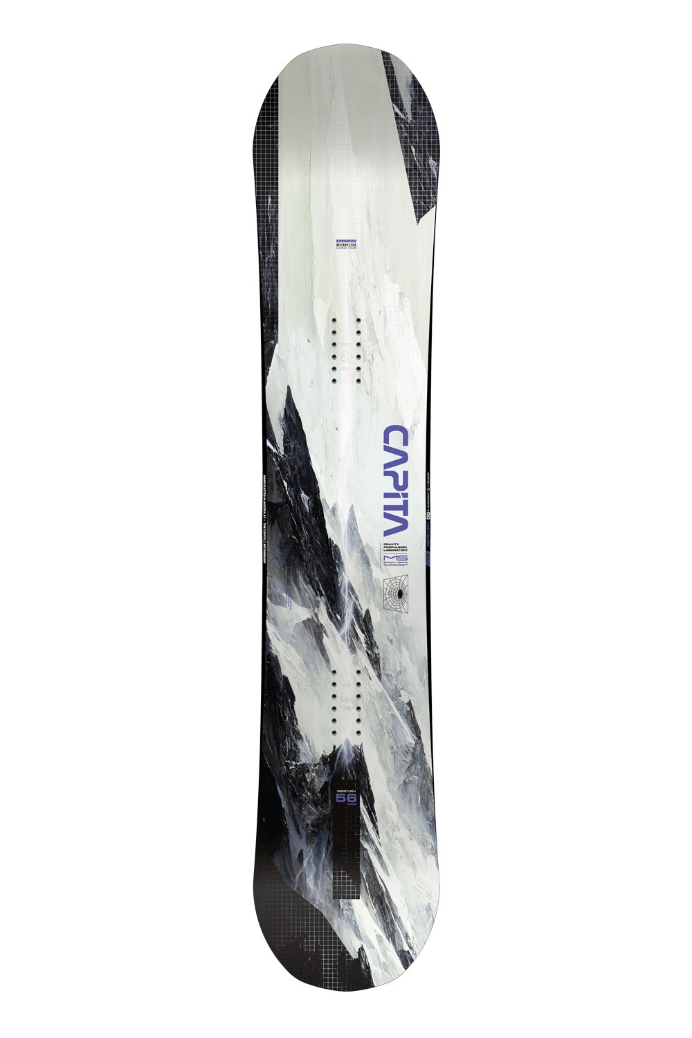 men's Capita Mercury snowboard, black and white mountain graphic, purple accents