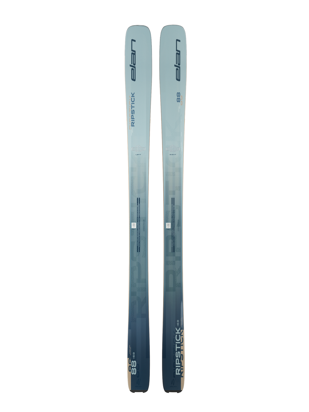 Two skis with a gradient blue design on a white background