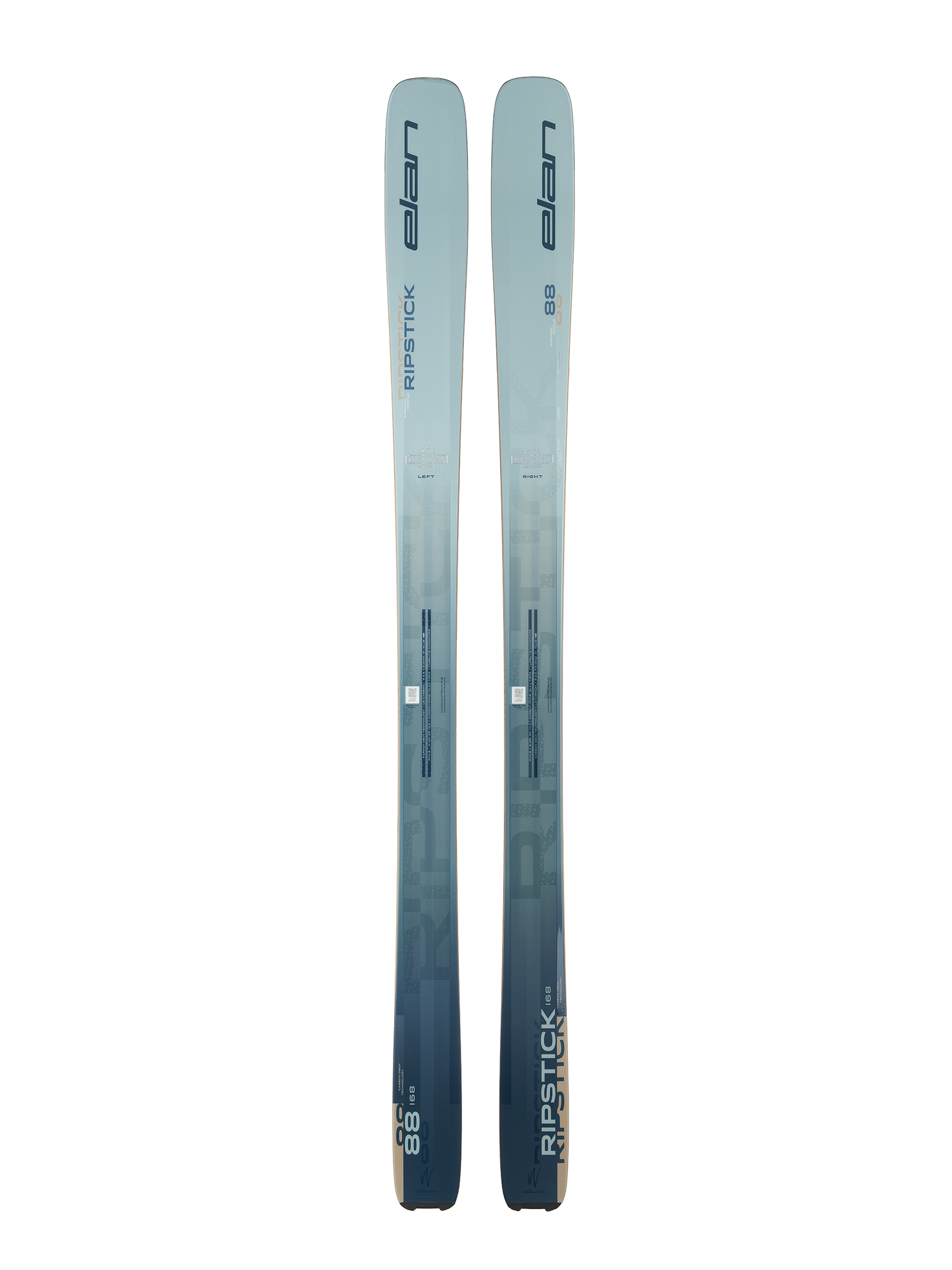 Two skis with a gradient blue design on a white background