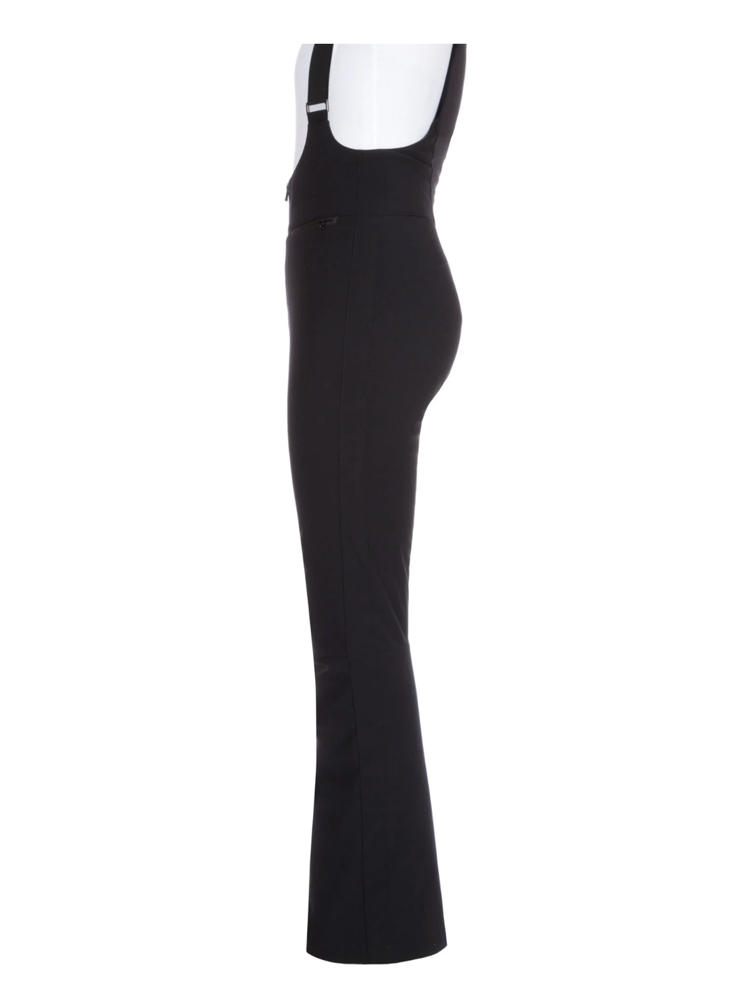 A pair of women's black bib-style snow pants with suspenders and a zip coin pocket.