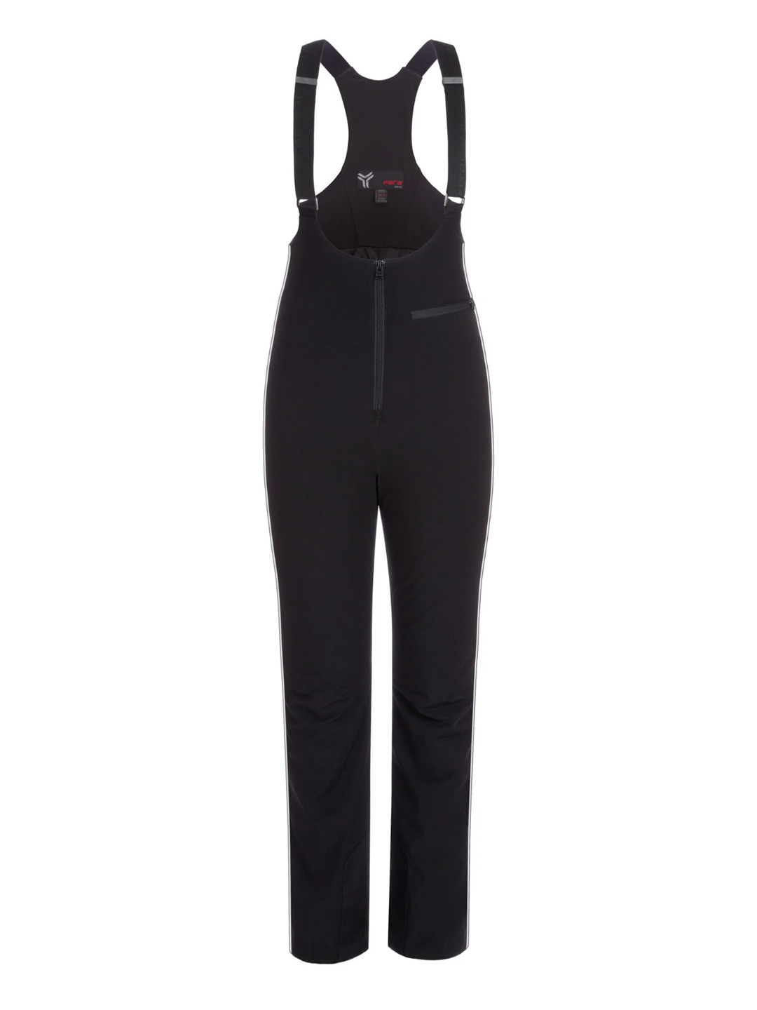 A pair of women's black bib-style snow pants with suspenders and a zip coin pocket.