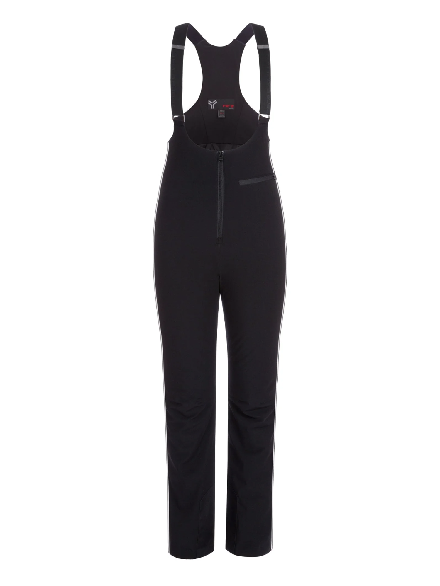 A pair of women's black bib-style snow pants with suspenders and a zip coin pocket.