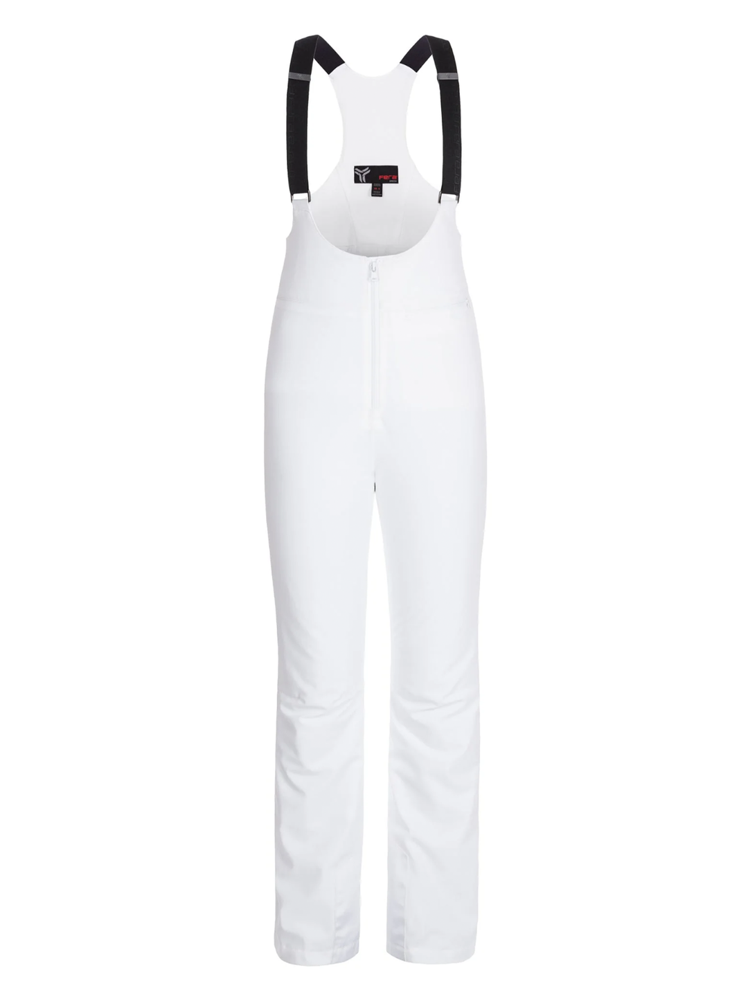A pair of white women's snow bib overalls with black suspenders, designed for winter sports.