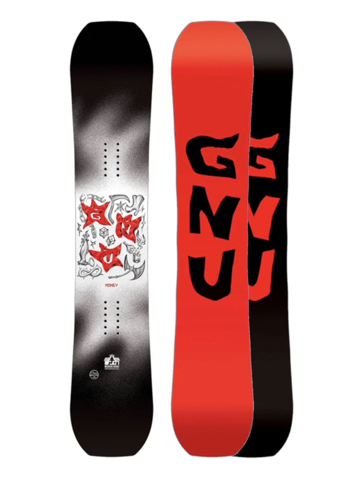 men's Gnu Money snowboard, black white and red