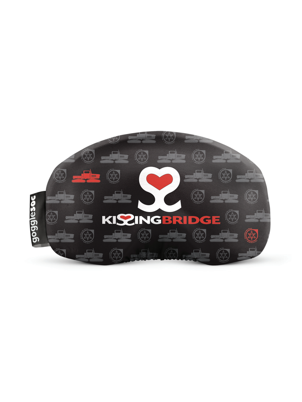 Gogglesoc for ski/snowboard goggles with snowcats, Kissing Bridge and Snowflake Ski Shop logos