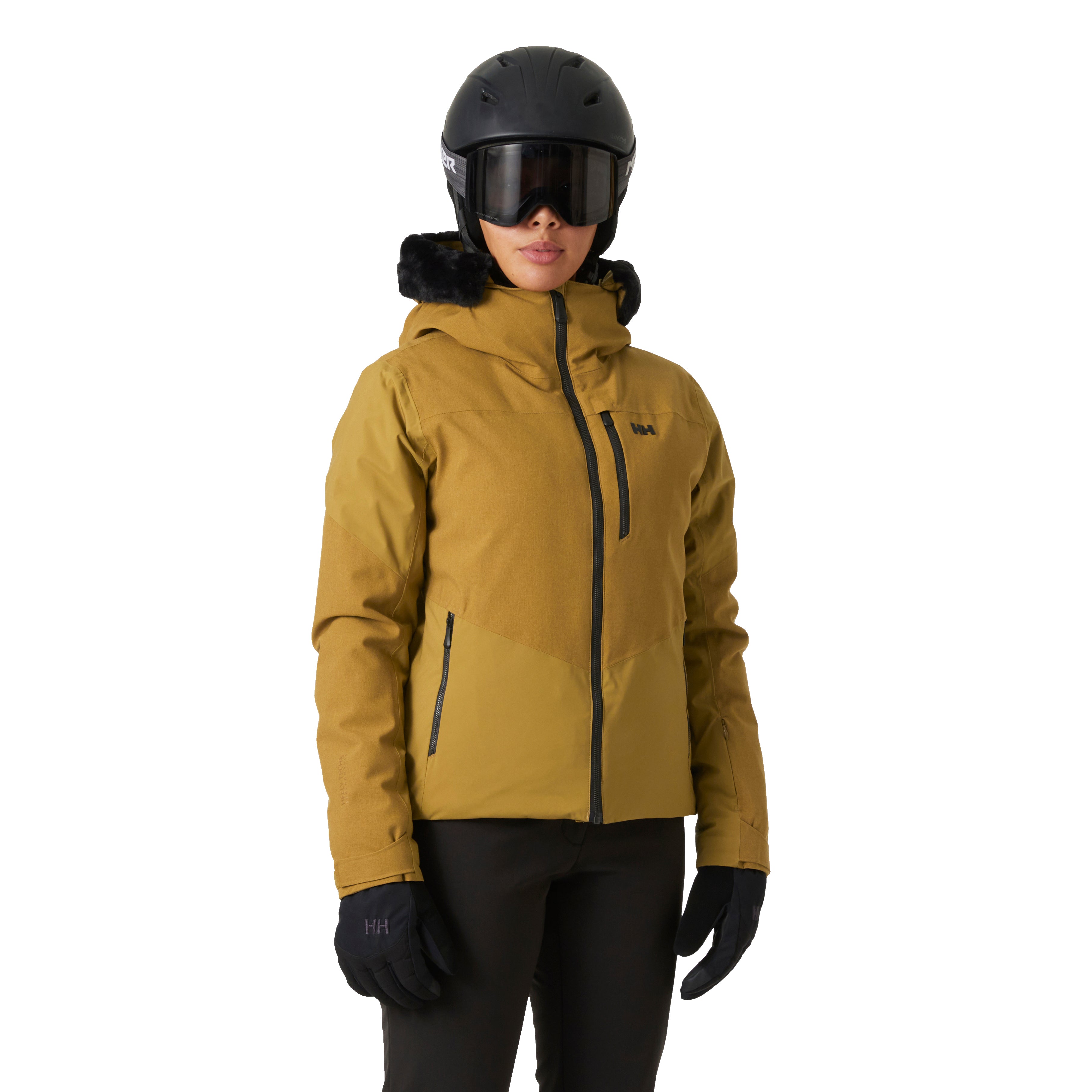 women's Helly Hansen Valdisere ski jacket, yellowish gold with black faux fur removable hood