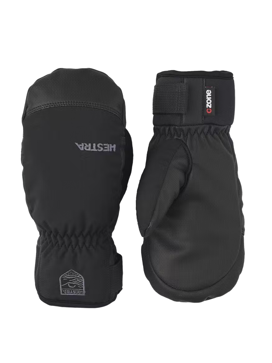 A pair of black Hestra Ferox Primaloft kids' mittens with visible brand label and grip-friendly PU-coated fabric on the palm.