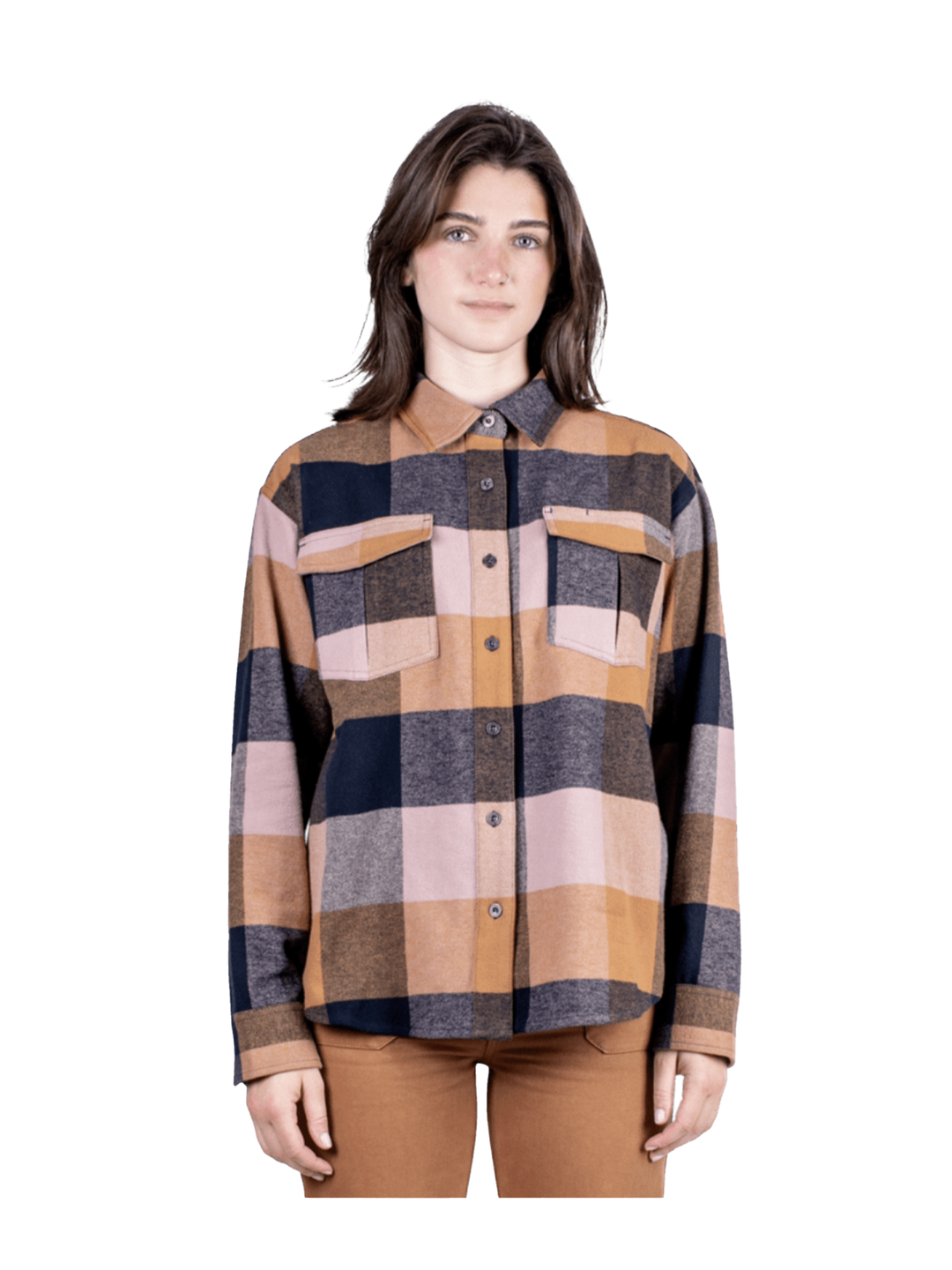 women's Flannel shirt,  navy pink and tan