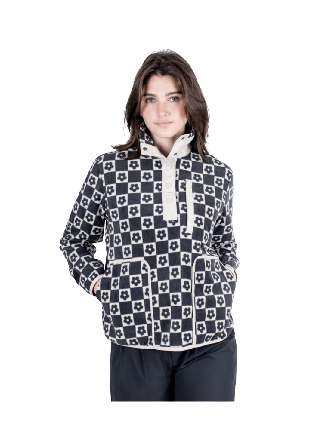 women's Fleece, black and white floral pattern