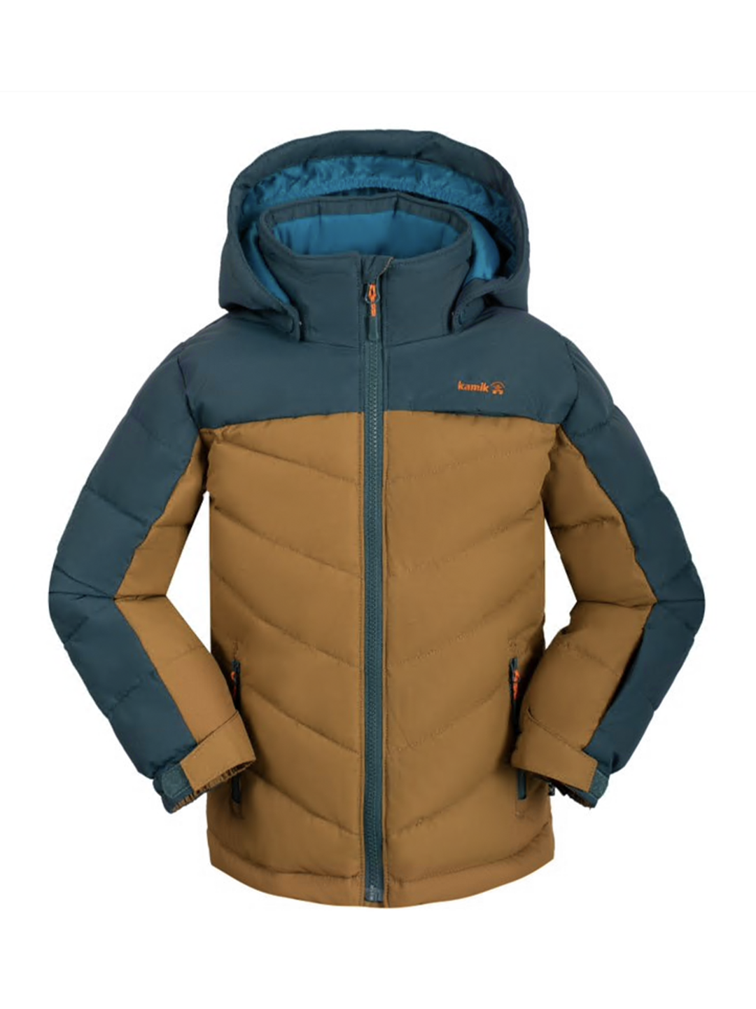 boys' Kamik Anakin puffy ski jacket, bronze and blue colorblock