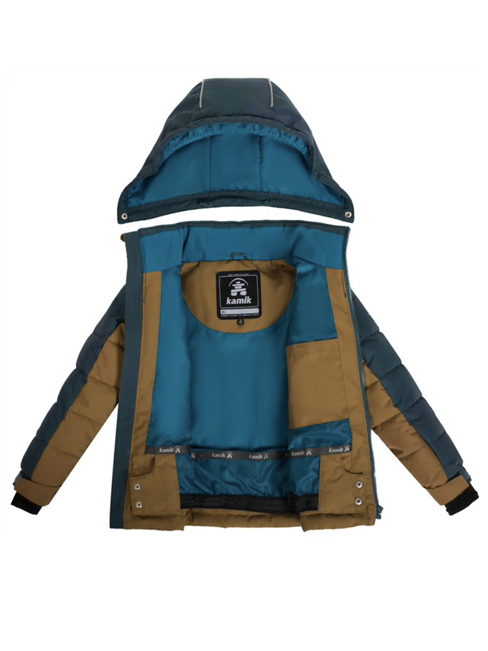 boys' Kamik Anakin puffy ski jacket, bronze and blue colorblock