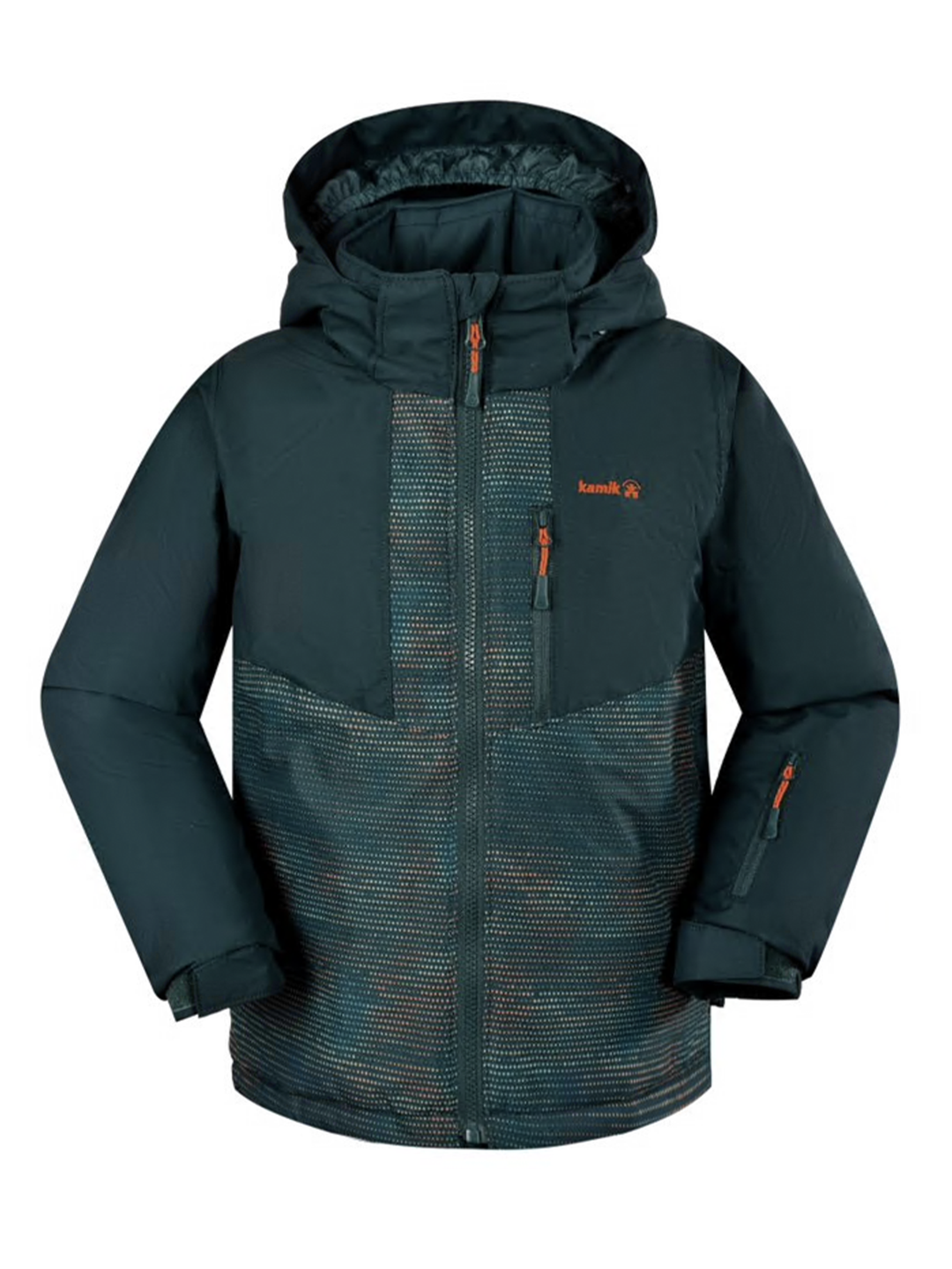 boys' Kamik Arlo ski jacket, dark green with multicolor dot pattern