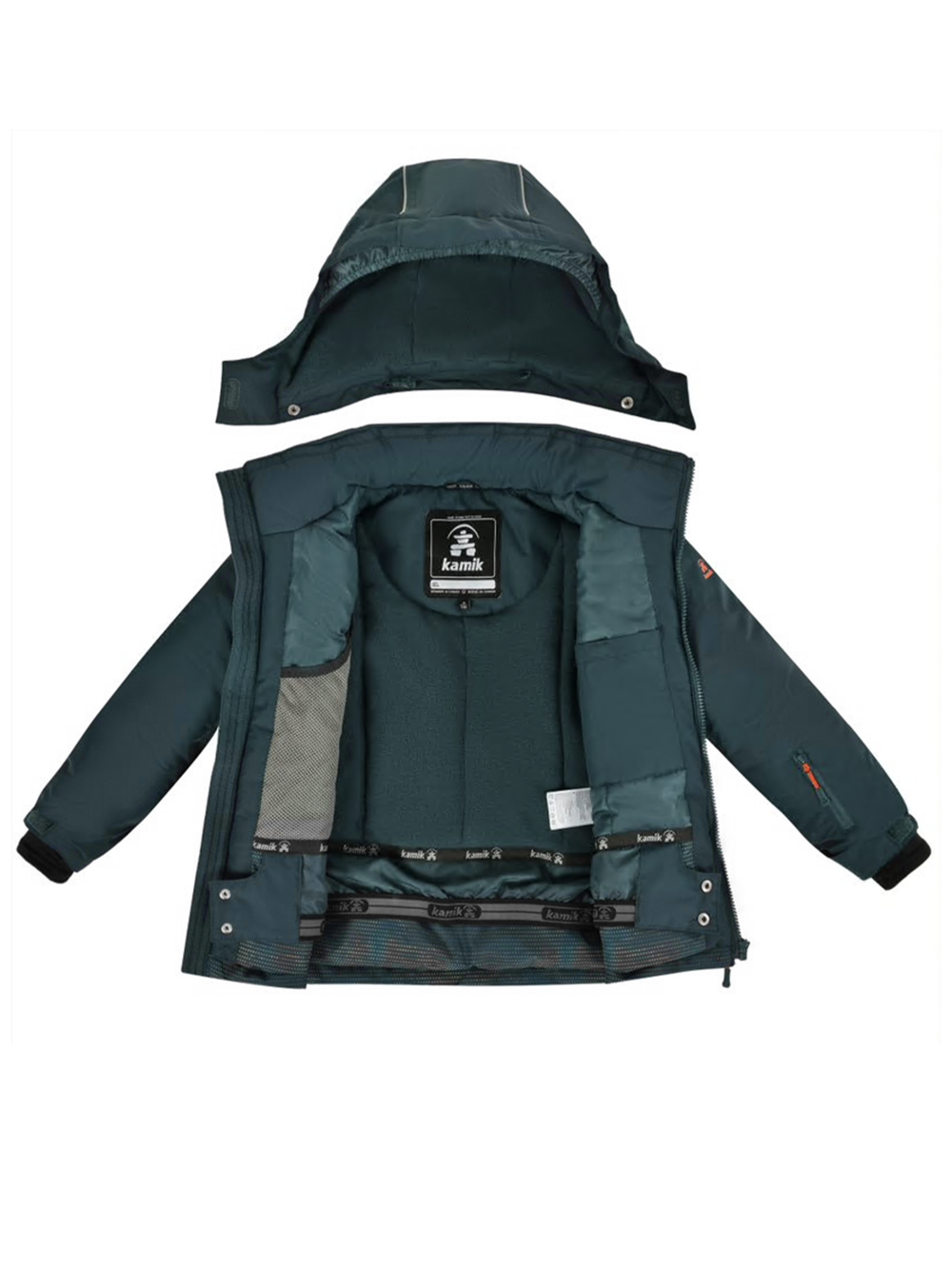 boys' Kamik Arlo ski jacket, dark green with multicolor dot pattern