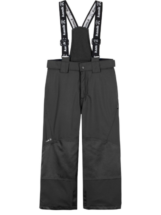 Black snow pants with suspenders on a white background