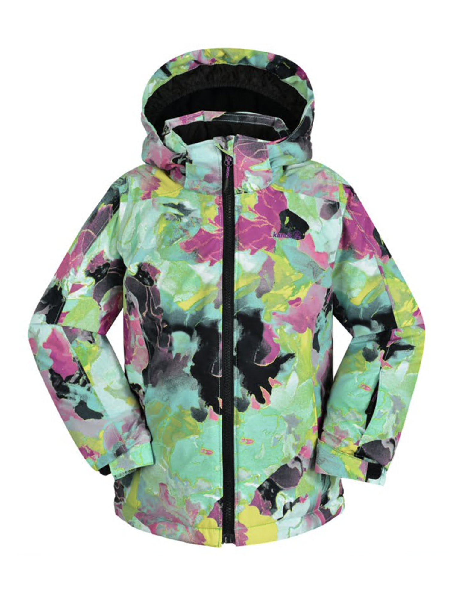 girls' Kamik Orchida jacket,  purple, mint green and black abstract pattern