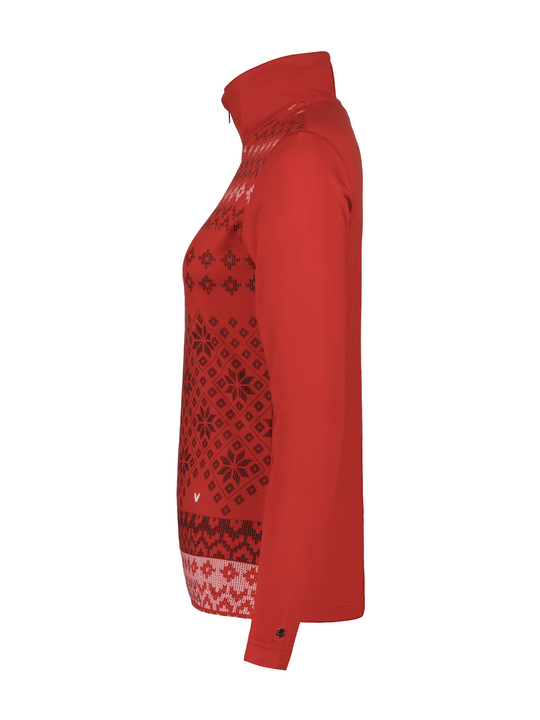 women's Luhta Hangist midlayer - red with argyle snowflake print.  1/4 zip