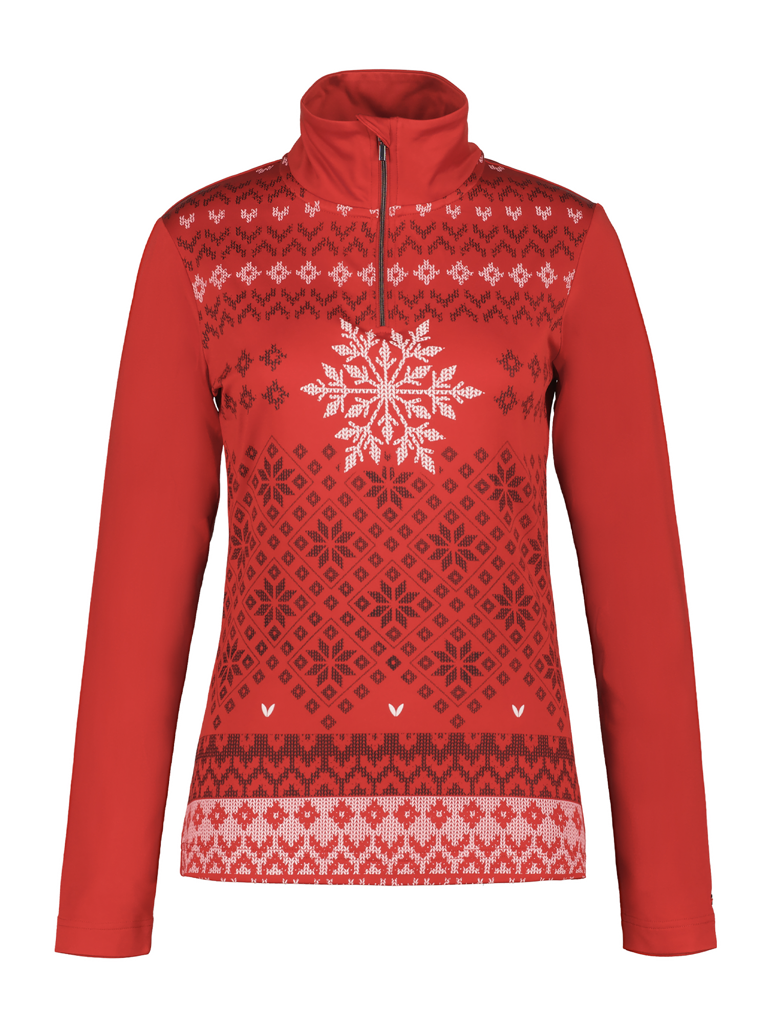 women's Luhta Hangist midlayer - red with argyle snowflake print.  1/4 zip