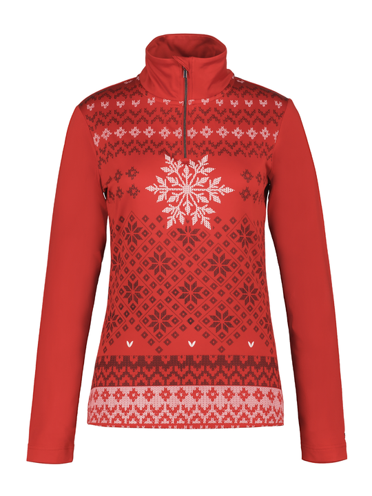 women's Luhta Hangist midlayer - red with argyle snowflake print.  1/4 zip