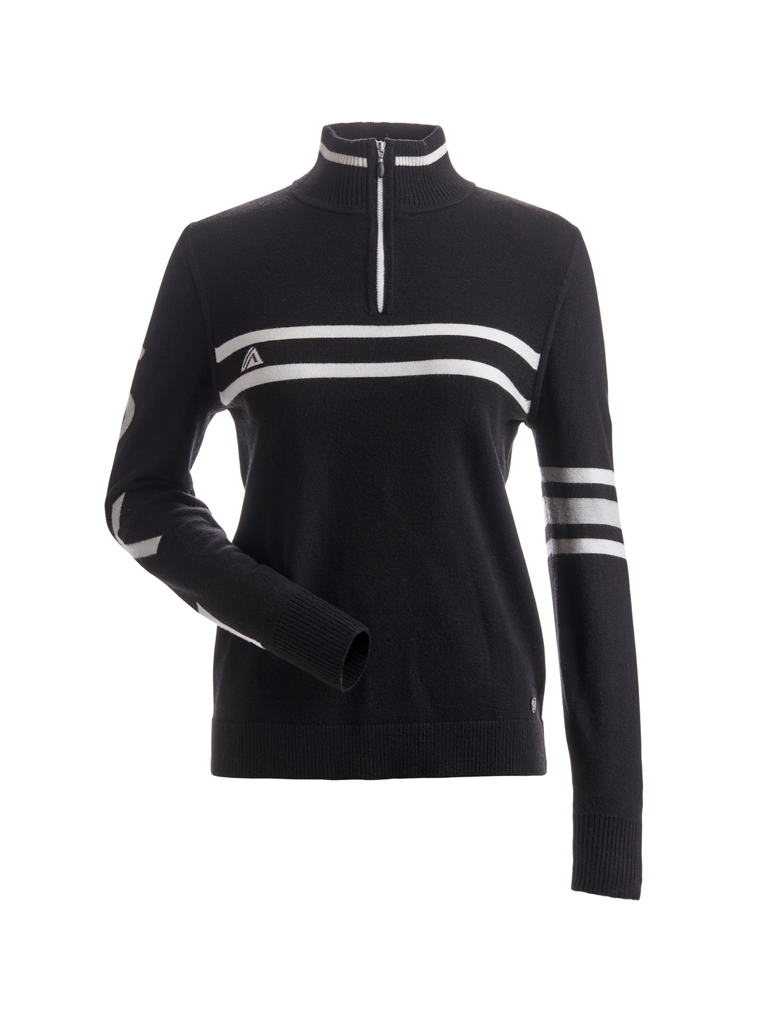 women's Nils Slopeside sweater, black with white striping and SKI down one sleeve