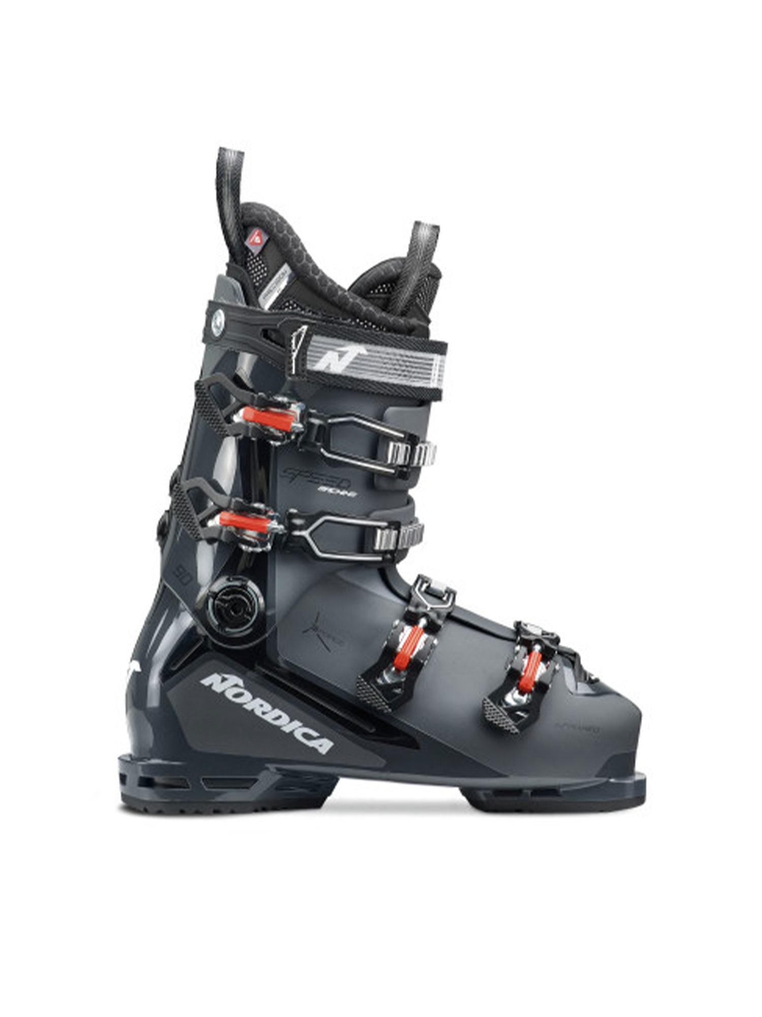 men's Nordica Speedmachine 3 90 ski boots, black with red accents